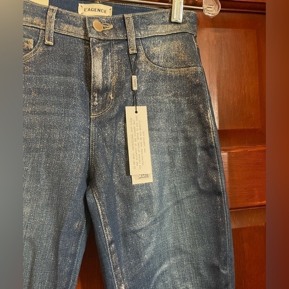 L'AGENCE El Matador Glitter-Coated Stretch Slim-Fit Jeans 32 Blue Raw Hem - Picture 15 of 16